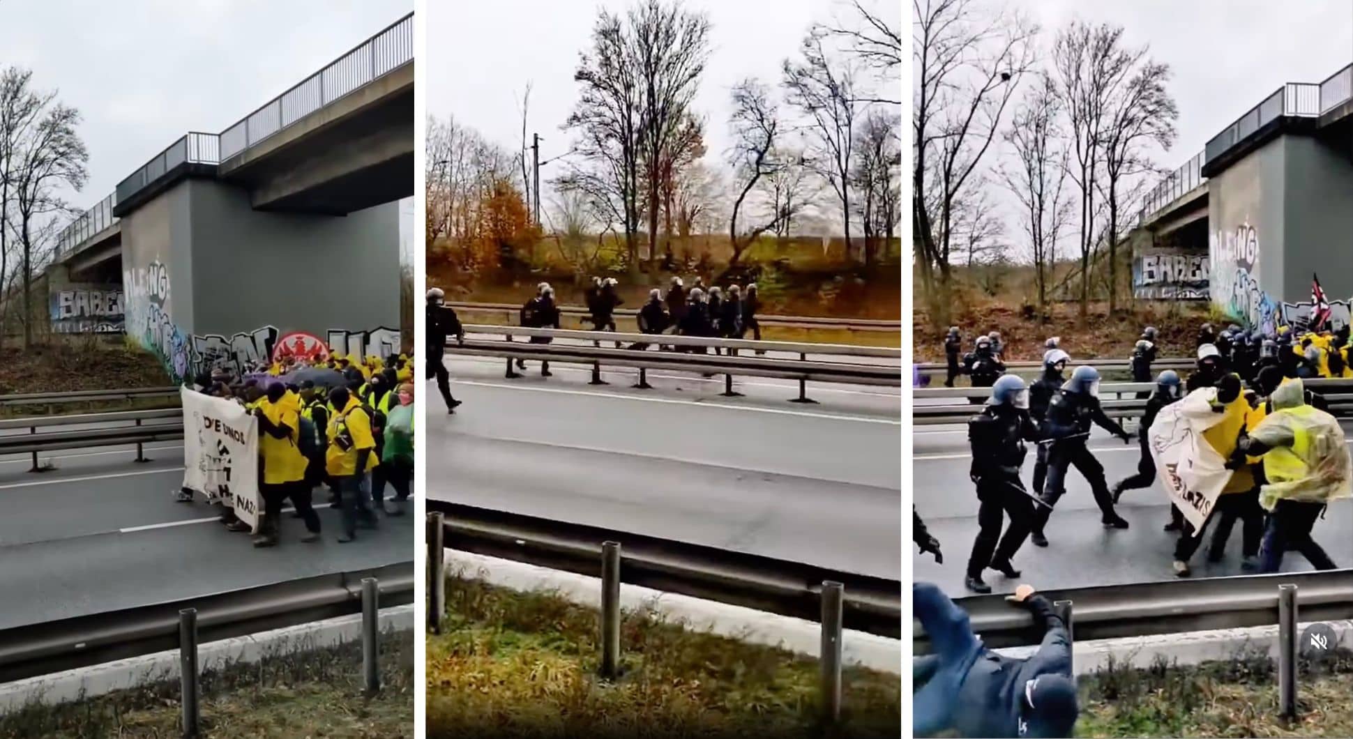 Collage zeigt 3 Aufnahmen der Demonstration an der B49 in Gießen