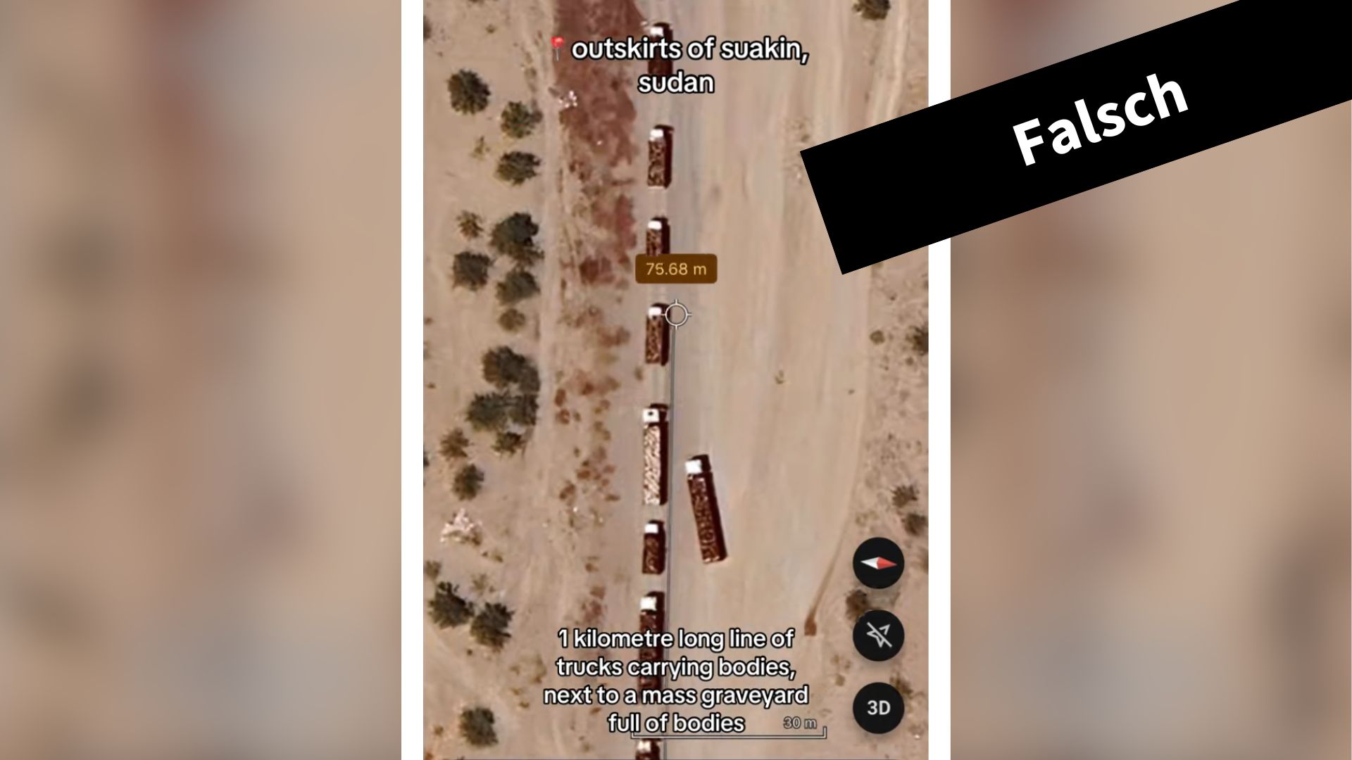 Dieses Video mit Satellitenbildern aus dem Sudan verbreitete sich im November 2025 in Sozialen Netzwerken – anders als behauptet, hat das Bild jedoch nichts mit den Massakern durch die RSF-Miliz zu tun. (Quelle: Tiktok / Google Earth / Airbus; Screenshot und Collage: CORRECTIV.Faktencheck)