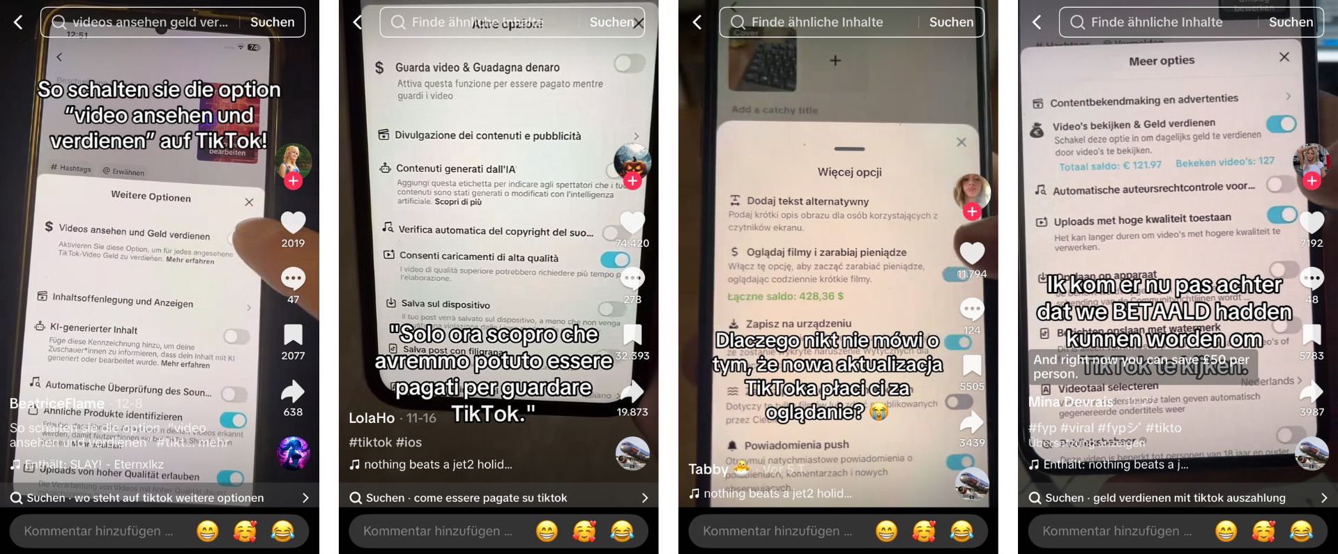 Solche Videos mit der Falschbehauptung, dass man auf Tiktok Geld durch das Anschauen von Videos verdienen könne, kursieren dutzendfach auf Tiktok (Quelle: Tiktok; Screenshot und Collage: CORRECTIV.Faktencheck)