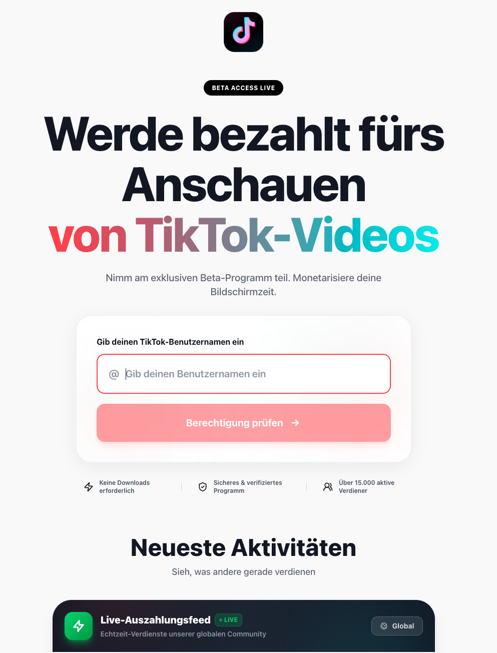 So sah eine der unseriösen Webseiten ohne Impressum aus (Stand: 19. Dezember 2025), mittlerweile ist sie nicht mehr abrufbar (Quelle: tikblick.com; Screenshot: CORRECTIV.Faktencheck)