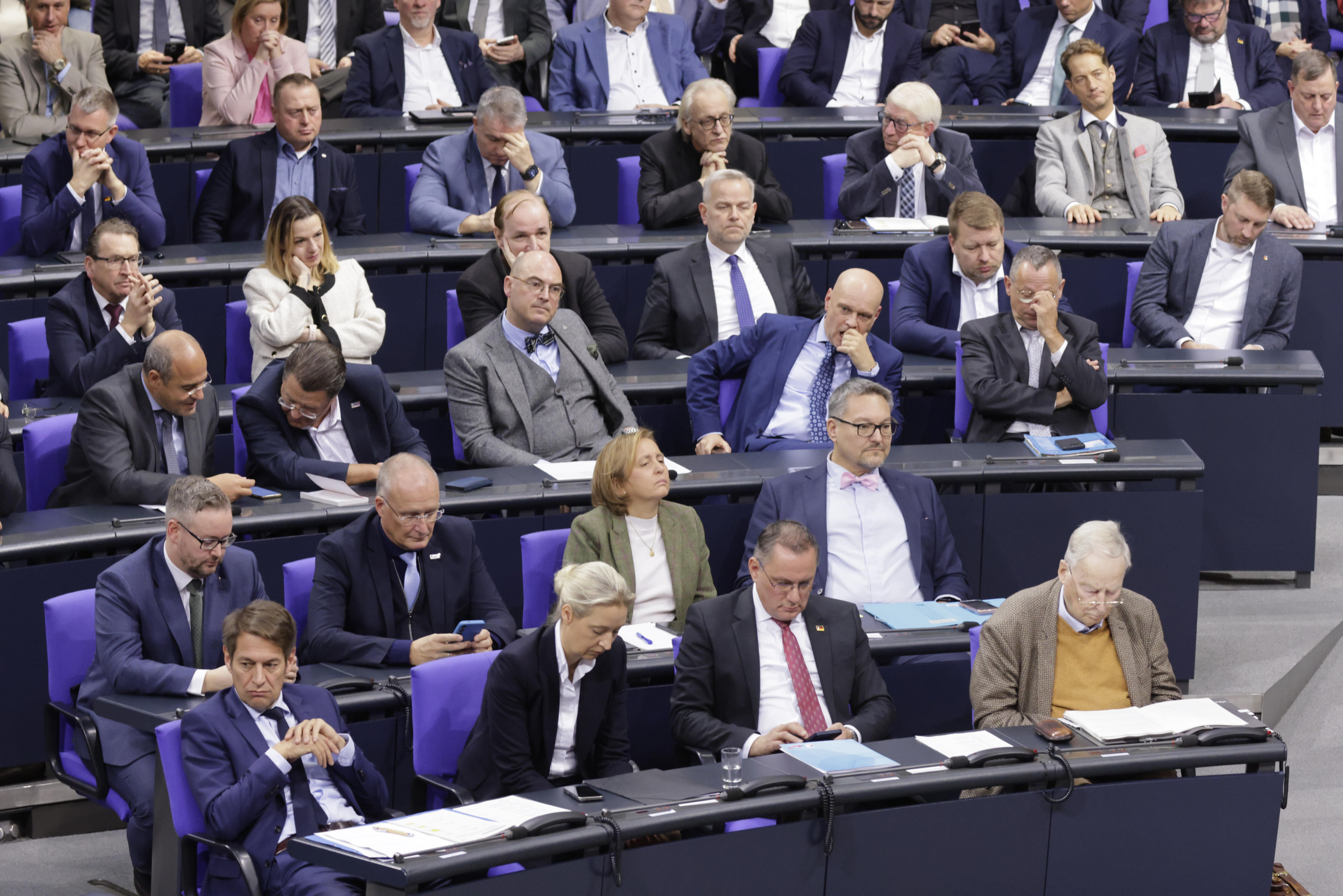Ein Überblick über die Fraktion der AfD im Bundestag, zu sehen sind einzelne Abgeordnete auf Sitzbänken.