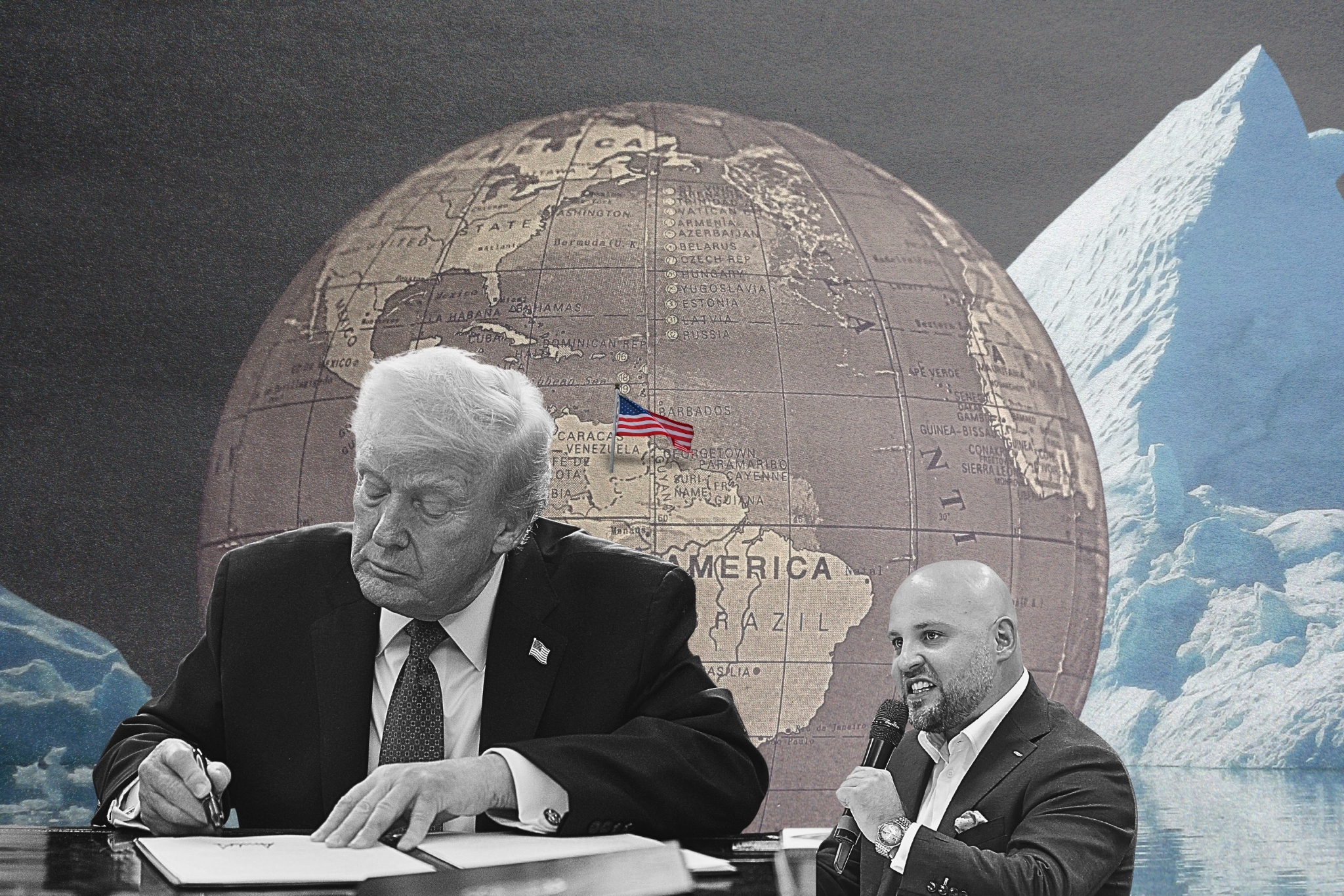 Auf der Collage unterschreibt Trump neue Gesetzestexte, daneben spricht Markus Frohnmaier in sein Mikrofon. Im Hintergrund ist eine Weltkugel mit Südamerika abgebildet und ein Eisberg