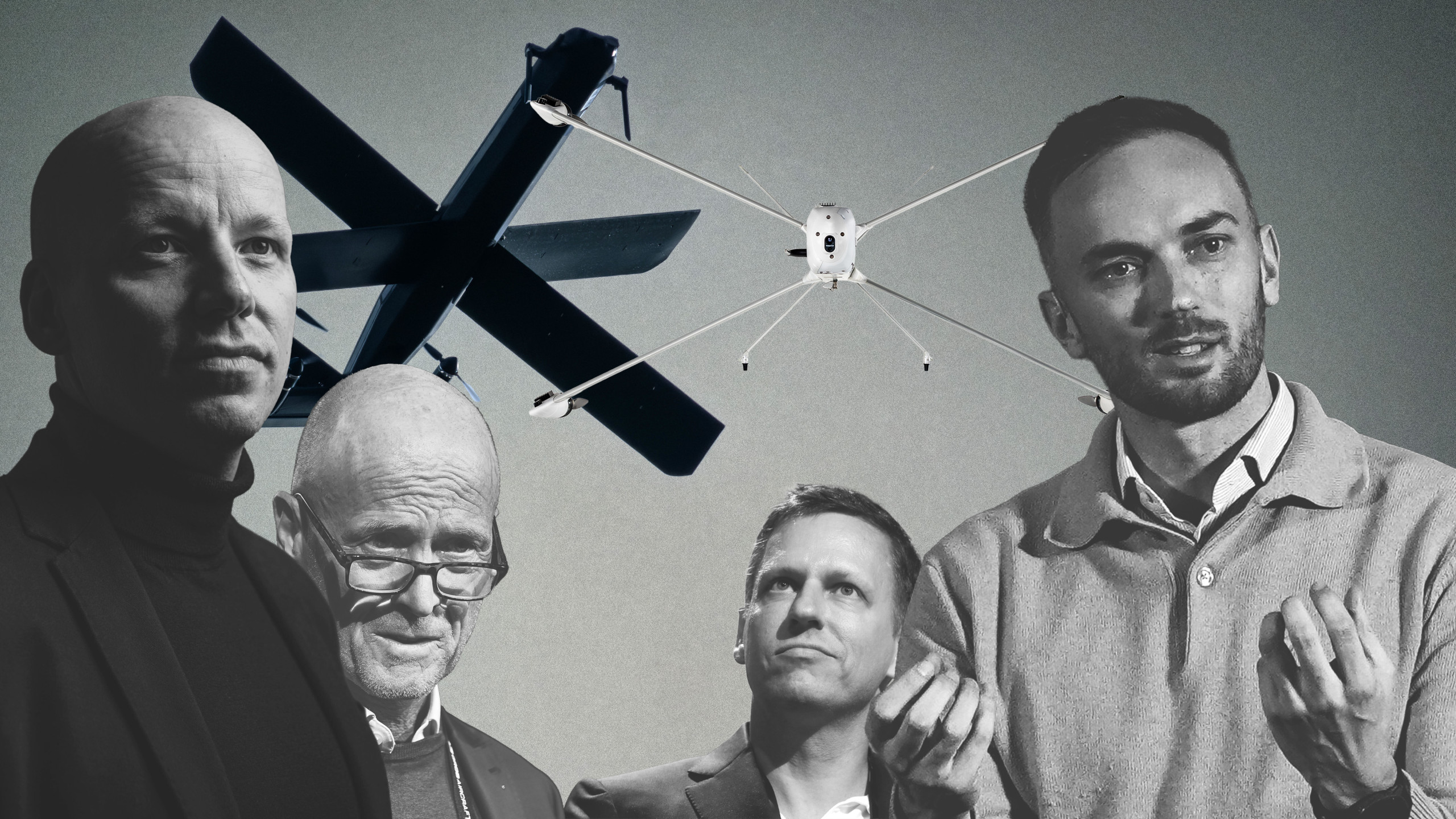 Collage: Ivo Mayr / CORRECTIV, Quellen: picture alliance ( Sven Simon, Carolyn Kaster, Andrew Matthews, Friedrich Bungert) Drohnen: helsing.ai & stark-defence.com