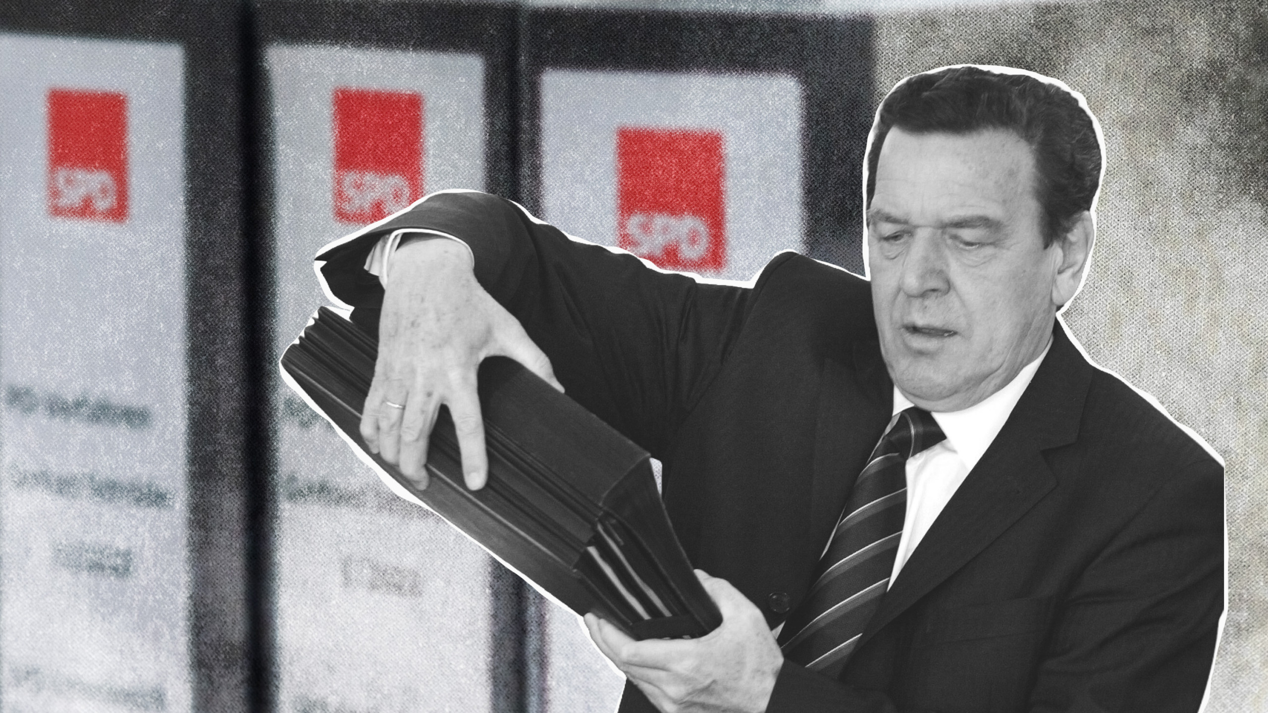 Als Ex-Kanzler nahm Gerhard Schröder 178 Akten aus dem Kanzleramt mit. Collage: Ivo Mayr / CORRECTIV, Quellen: picture alliance ( Herbert Knosowski, Ole Spata )