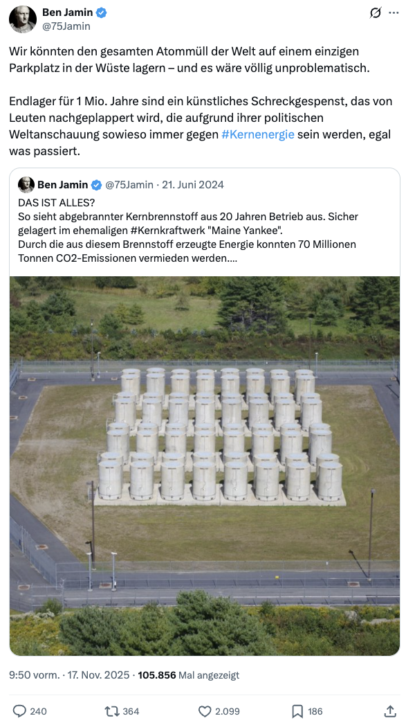 Auf X zeigt ein Nutzer Atommüll in einem Zwischenlager des ehemaligen US-Kernkraftwerks Maine Yankee. Auch dieser müsste in ein Endlager transportiert werden. 