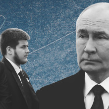 Bleibt die Macht in der Familie? Tschetscheniens Machthaber Ramsan Kadyrow, sein Sohn Adam und Russlands Präsident Wladimir Putin. Collage: Ivo Mayr / CORRECTIV, Quelle: picture alliance / ZUMAPRESS.com