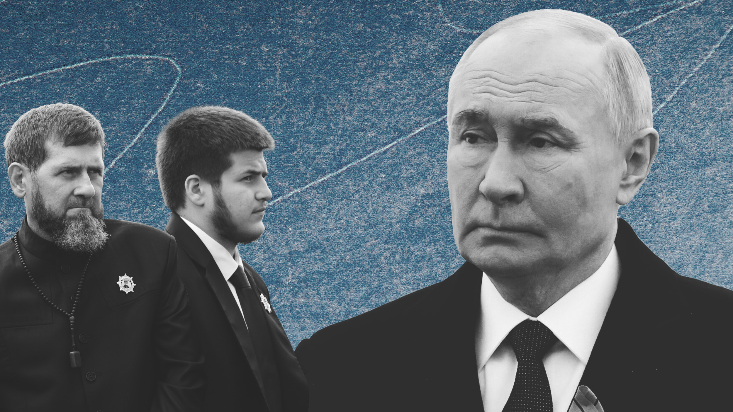 Bleibt die Macht in der Familie? Tschetscheniens Machthaber Ramsan Kadyrow, sein Sohn Adam und Russlands Präsident Wladimir Putin. Collage: Ivo Mayr / CORRECTIV, Quelle: picture alliance / ZUMAPRESS.com