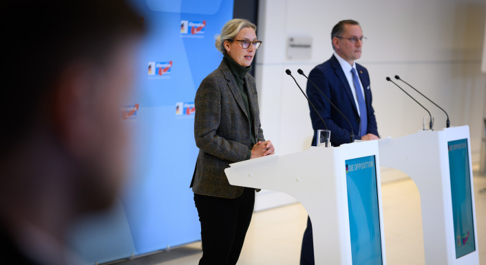 AfD-Co-Chefs Alice Weidel und Tino Chrupalla stehen an Rednerpulten.