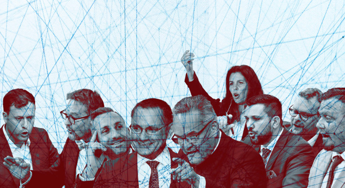 Collage mit AfD-Abgeordneten und Netzwerkpunkten, die die Vetternwirtschaft in der AfD illustrieren. Collage: Ivo Mayr / CORRECTIV, Quelle: picture alliance
