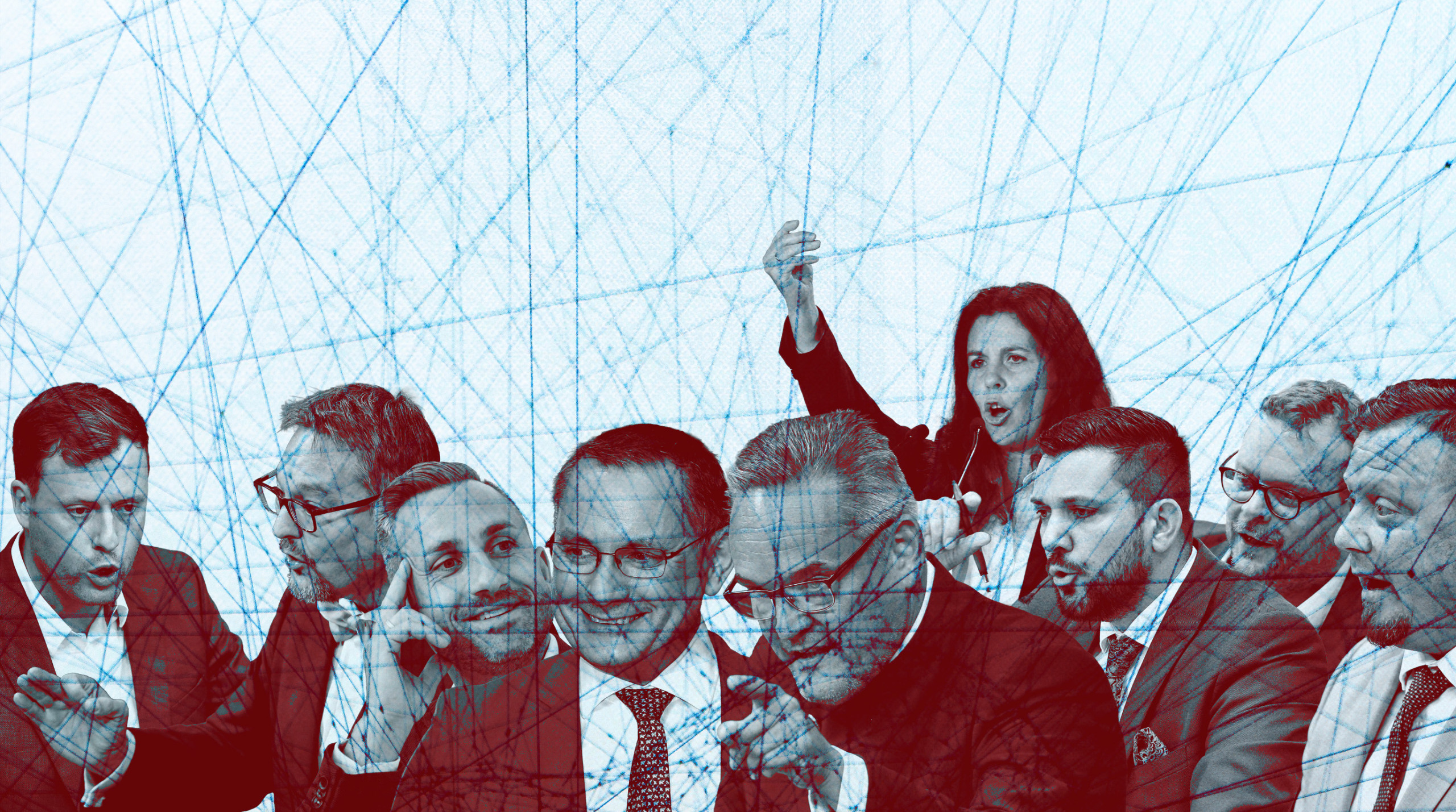 Collage mit AfD-Abgeordneten und Netzwerkpunkten, die die Vetternwirtschaft in der AfD illustrieren. Collage: Ivo Mayr / CORRECTIV, Quelle: picture alliance