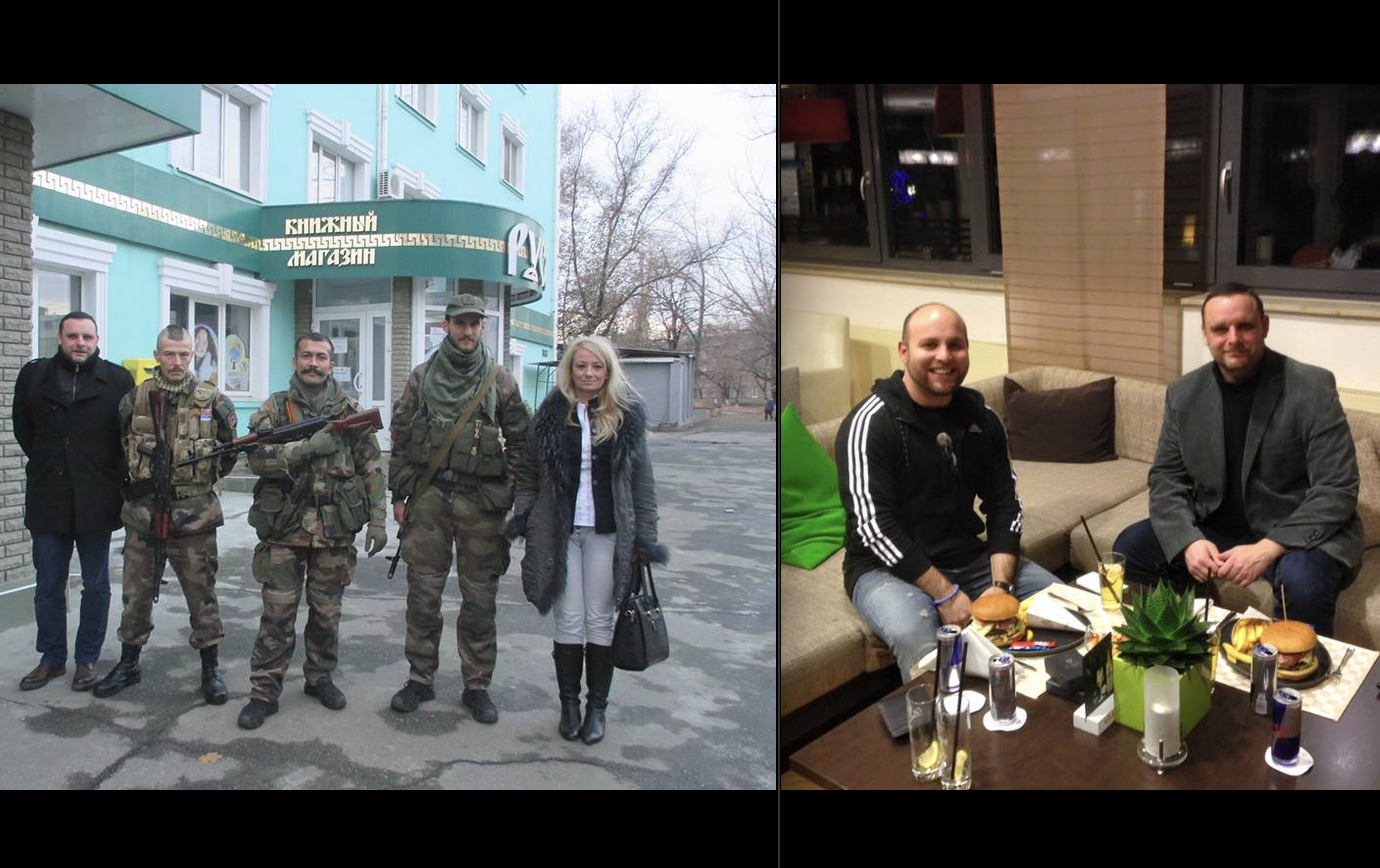 Frohnmaier und Ochsenreiter beim Burger essen und ein Bild von Dragana Trifković, Manuel Ochsenreiter und mit russischen Separatisten