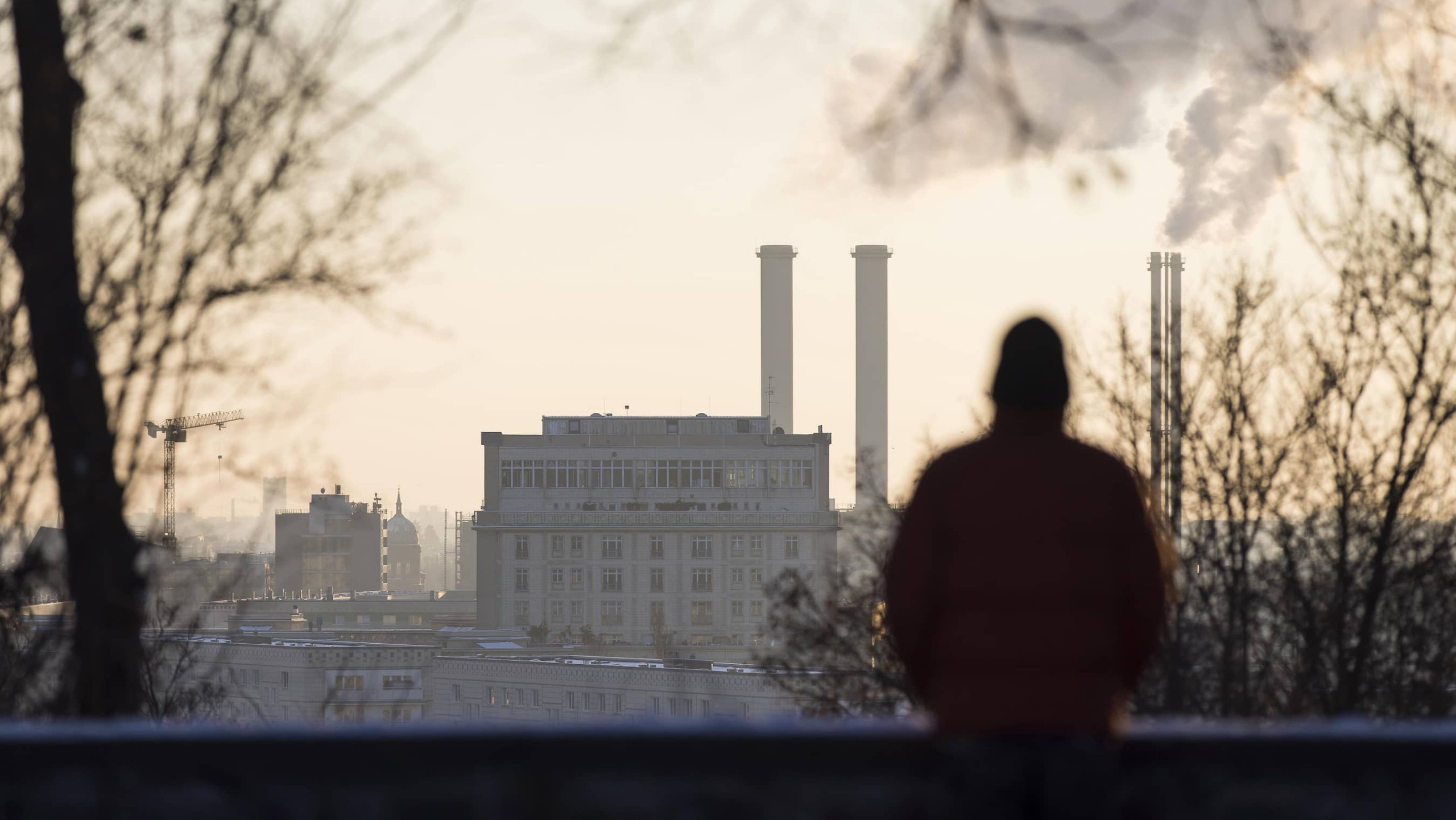 Person blickt auf das Kraftwerk Berlin vom Volkspark Friedrichshain