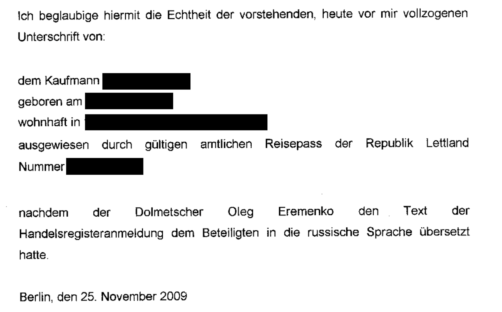 Oleg Eremenko trat bei der Anmeldung der B.L.W. Handel GmbH als Dolmetscher auf. (Quelle: Handelsregister; Screenshot: CORRECTIV)