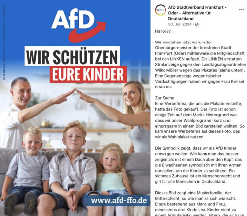 Screenshot eines Facebook-Beitrags der AfD Frankfurt (Oder), der das Wahlplakat von Wilko Möller zeigt