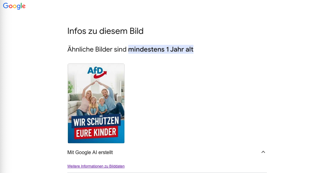Screenshot einer Google-Suche nach dem angeblichen Wahlplakat der AfD