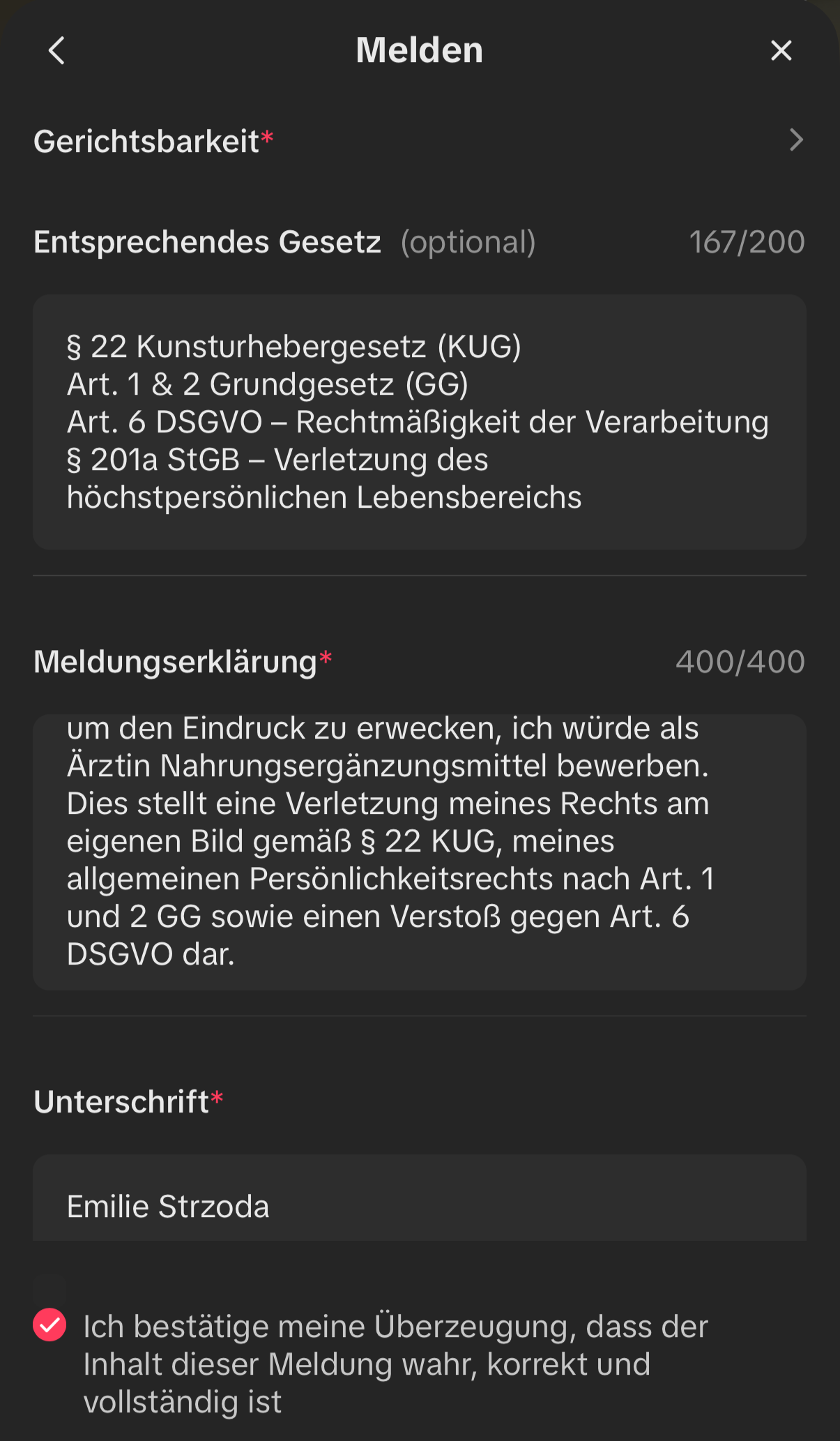 Die Ärztin Emilie Strzoda hat uns einen Screenshot geschickt, laut dem sie sogar die Gesetzesparagraphen angegeben hat, gegen die das Deepfake-Video mutmaßlich verstoßen (Quelle: Emilie Strzoda / Tiktok)