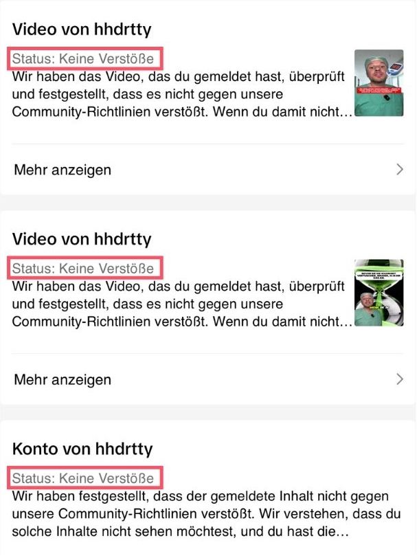 Marco Köster, OP-Manager, hat die Deepfake-Videos und das Tiktok-Profil über die Meldefunktion in der Tiktok-App eingereicht. Der Konzern sah darin „keine Verstöße“ gegen seine Community-Richtlinien oder geltende Gesetze. (Quelle: Tiktok / Marco Köster; Markierungen: CORRECTIV.Faktencheck)