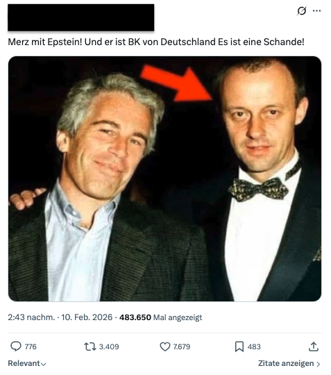 Dieses Bild mit Jeffrey Epstein und Bundeskanzler Friedrich Merz ist gefälscht (Quelle: X / Screenshot und Schwärzung: CORRECTIV.Faktencheck)