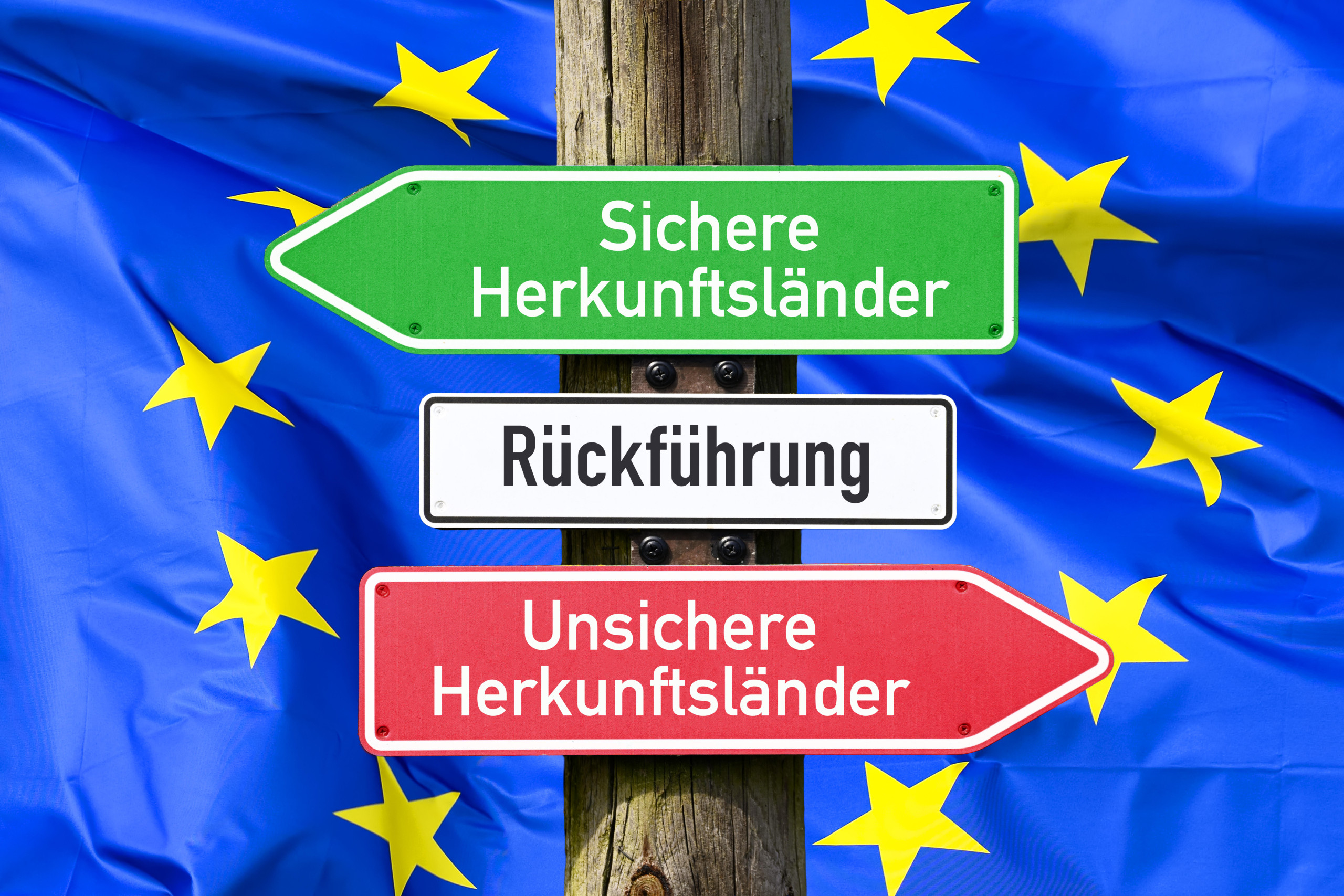Wegweiser mit Aufschriften Rückführung, sichere Herkunftsländer und unsichere Herkunftsländer vor EU-Fahne, Fotomontage