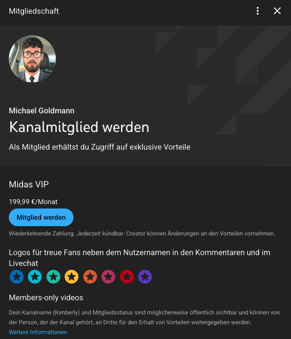 Eine Mitgliedschaft bei dem Youtube-Kanal „Michael Goldmann“ kostet rund 200 Euro pro Monat (Quelle: Youtube; Screenshot: CORRECTIV.Faktencheck)