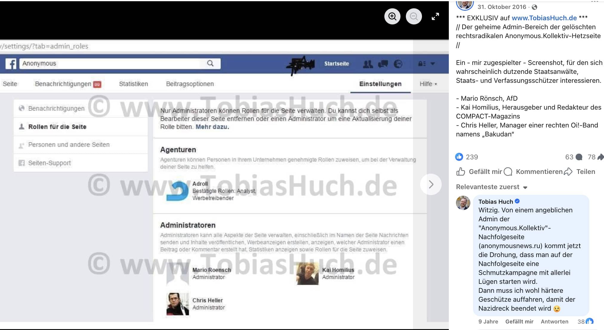 Screenshot zeigt einen Admin-Bereich – zu lesen sind die Namen „Mario Roensch“, „Chris Heller“, „Kai Homilius“. u.a. der Politiker Tobias Huch hat das Bild auf Facebook gepostet 2016