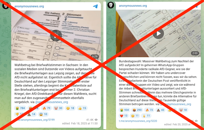 Videos zeigen falsche Aufnahmen von angeblichem Wahlbetrug - beide wurden auch von Anonymous News auf Telegram geteilt