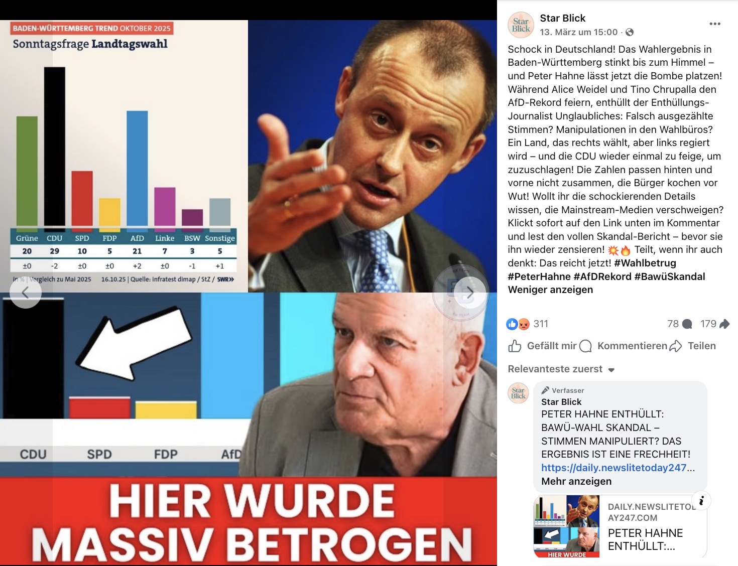 Facebook-Beitrag mit Falschbehauptung - darunter ist ein Artikel verlinkt