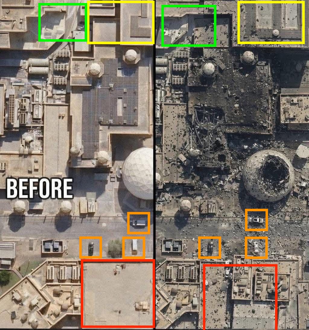 Zwei Dächer (rote und gelbe Markierung) weichen erheblich voneinander ab. Eine Straße (grüne Markierung) ist in der vermeintlich aktuellen Aufnahme durch ein Gebäude versperrt.