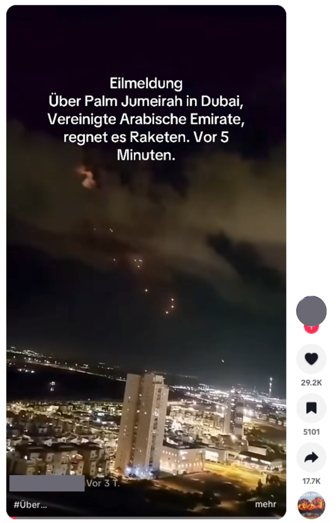 Screenshot eines Tiktok-Videos, das angeblich Raketen über Dubai zeige.
