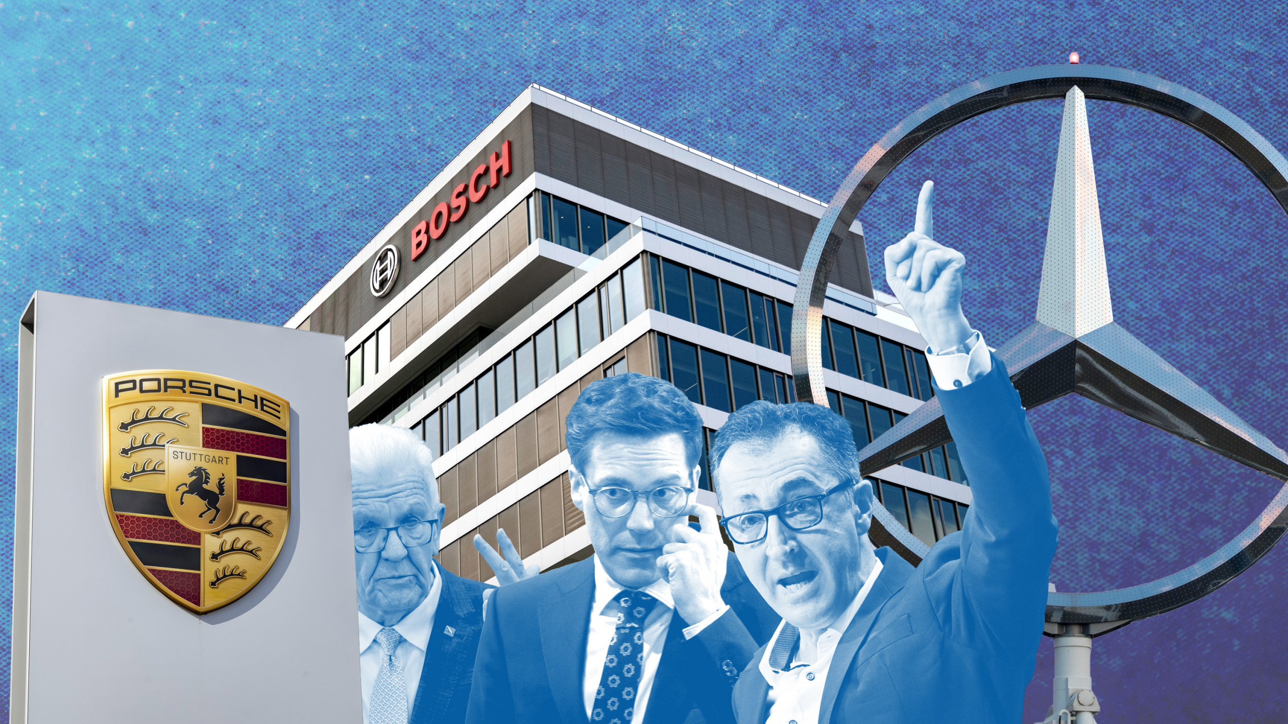Fotocollage auf der der baden-württembergische Ministerpräsident Winfried Kretschmann (Grüne) und die Spitzenkandidaten Cem Özdemir (Grüne) und Manuel Hagel (CDU) neben den Firmenlogos von Mercedes, Porsche und Bosch zu sehen sind. Collage: Ivo Mayr / CORRECTIV, Quelle: picture alliance