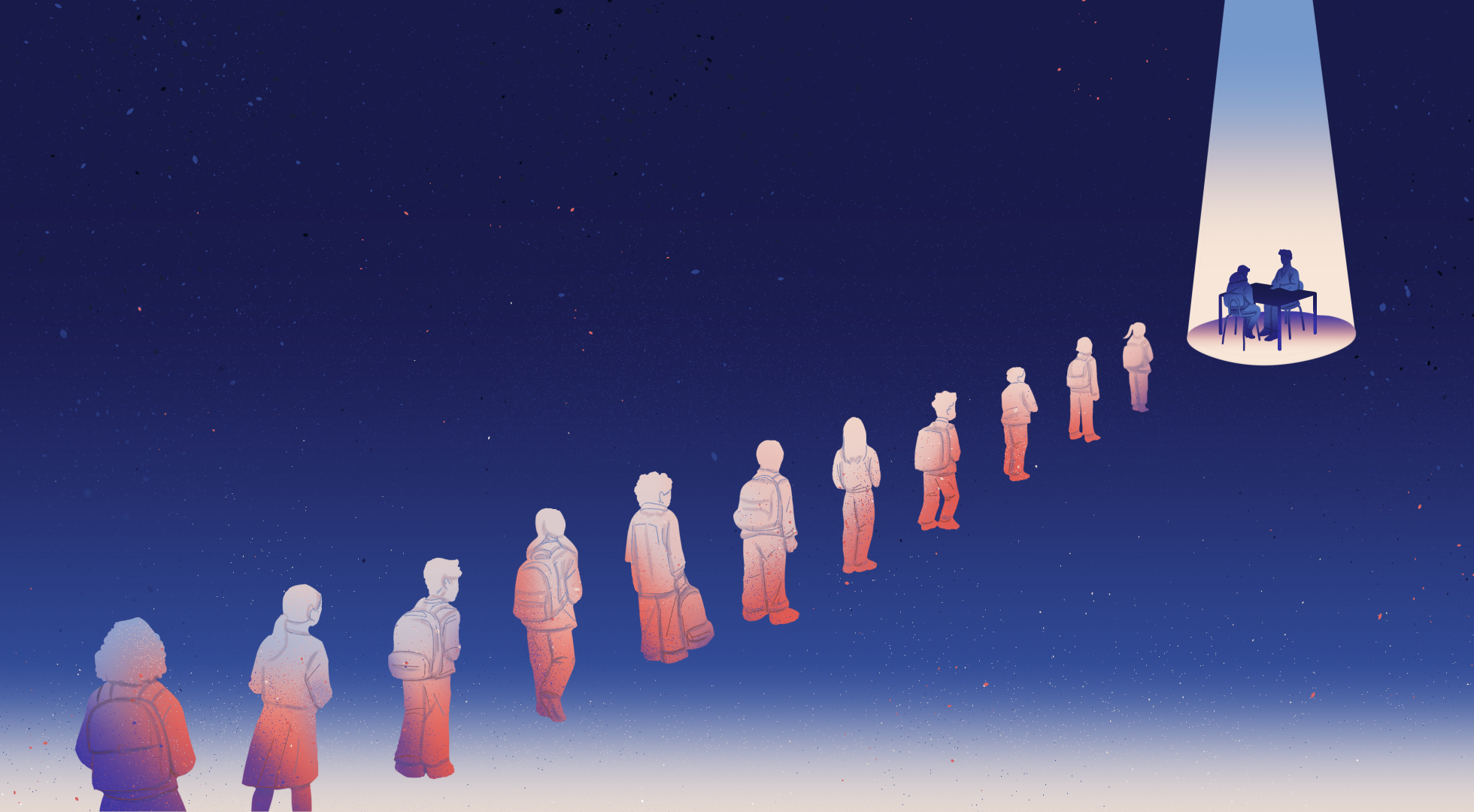 Die Illustration zeigt eine Schlange von Kindern, die darauf wartet, mit einer Schulsozialarbeiterin zu sprechen.