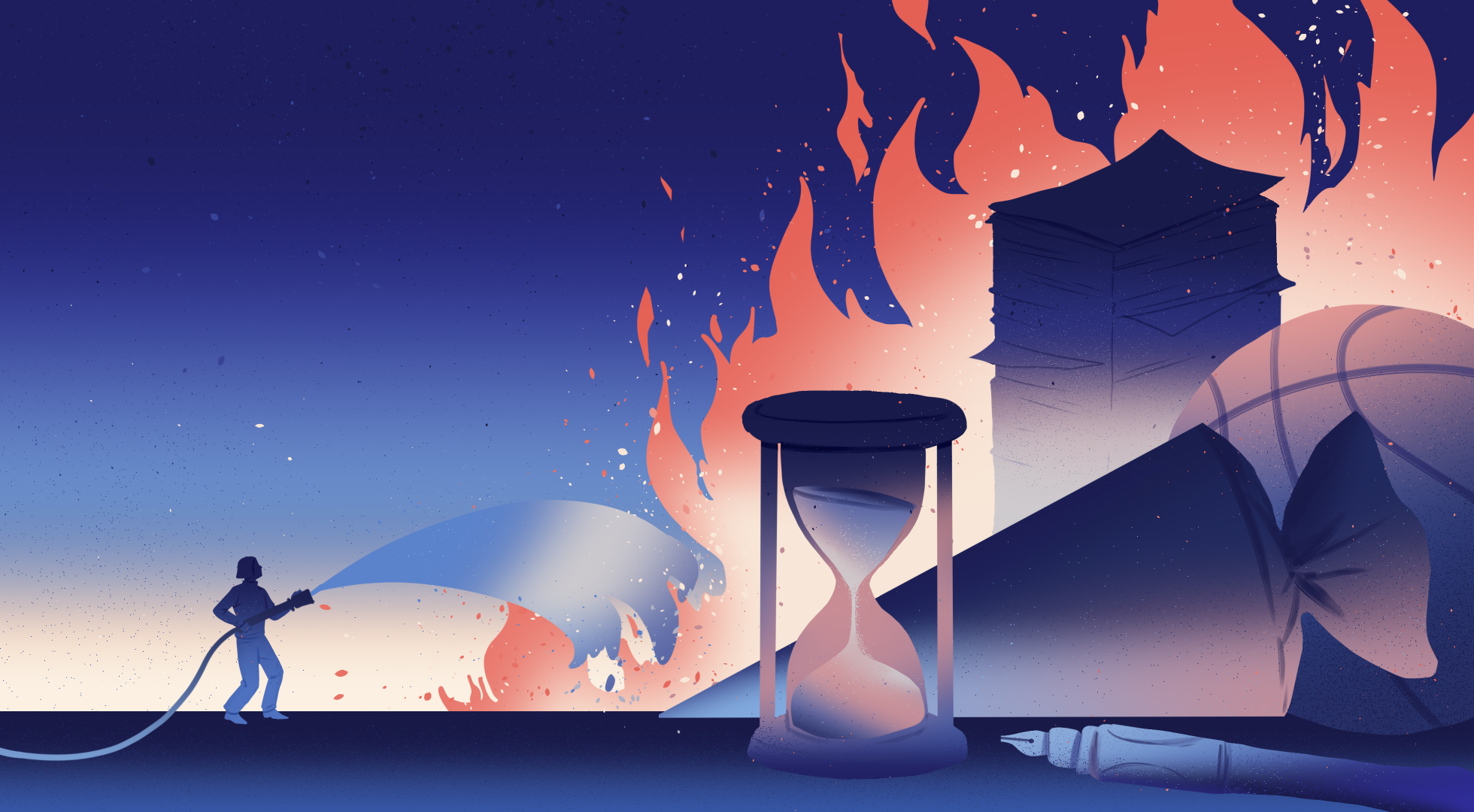 Illustration, die symbolisch zeigt, wie eine Schulsozialarbeiterin alleine das brennende System Schule löscht.