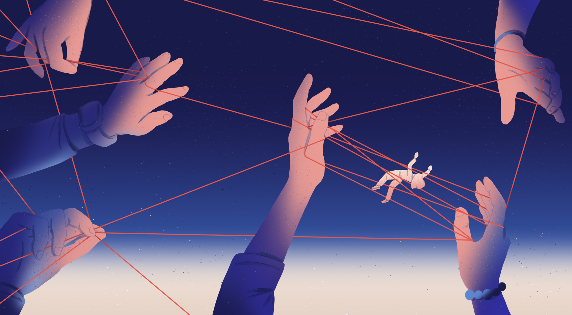 Die Illustration zeigt einen Schulsozialarbeiter, der symbolisch zwischen vielen verschiedenen Fäden gefangen ist, an denen überdimensional große Hände ziehen. 