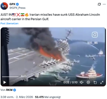 Anders als behauptet, belegt dieses Video nicht, dass der US-Flugzeugträger USS Abraham Lincoln durch Angriffe des Iran getroffen worden ist. Das Video ist KI-generiert.