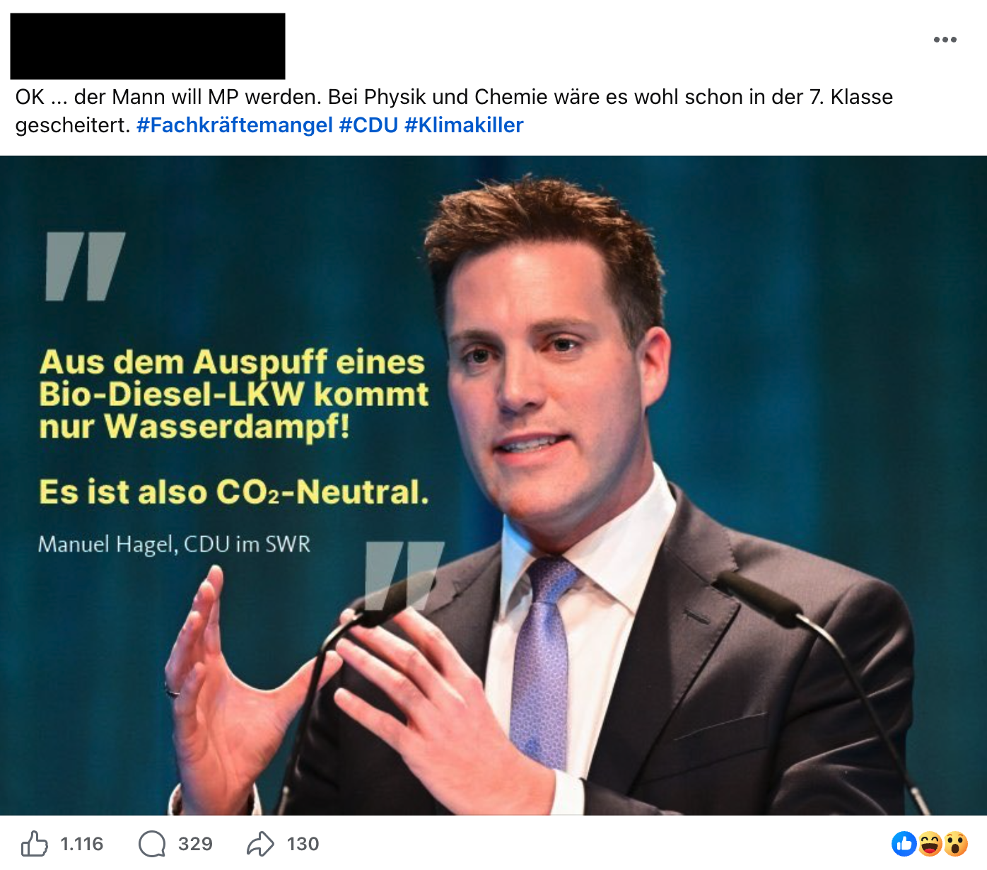 Auf Facebook erhielt ein Beitrag mit dem gefälschten Zitat mehr als 1.000 „gefällt mir“-Angaben