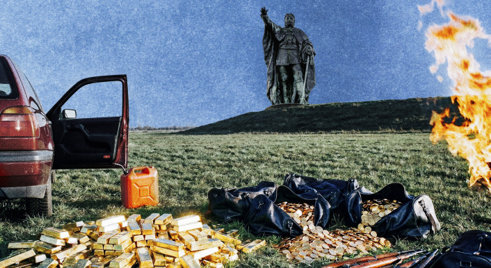 Das KI-generierte Bild zeigt Ein Auto, Goldbarren, Golsmünzen, ein Benzinkanister, Schusswaffen und die Statue von Kaiser Wilhelm an der Porta Westfalica