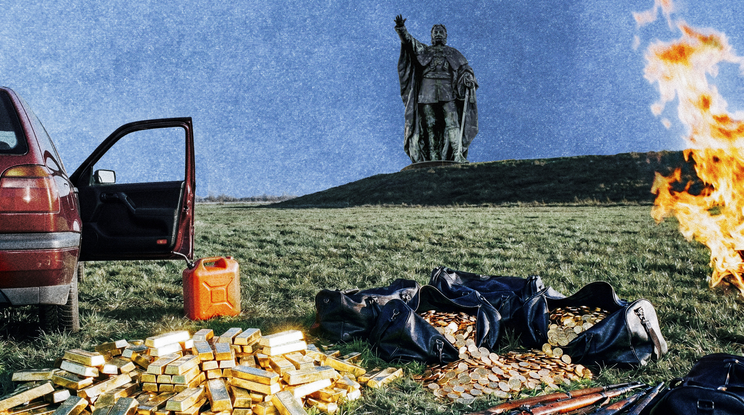 Das KI-generierte Bild zeigt Ein Auto, Goldbarren, Golsmünzen, ein Benzinkanister, Schusswaffen und die Statue von Kaiser Wilhelm an der Porta Westfalica