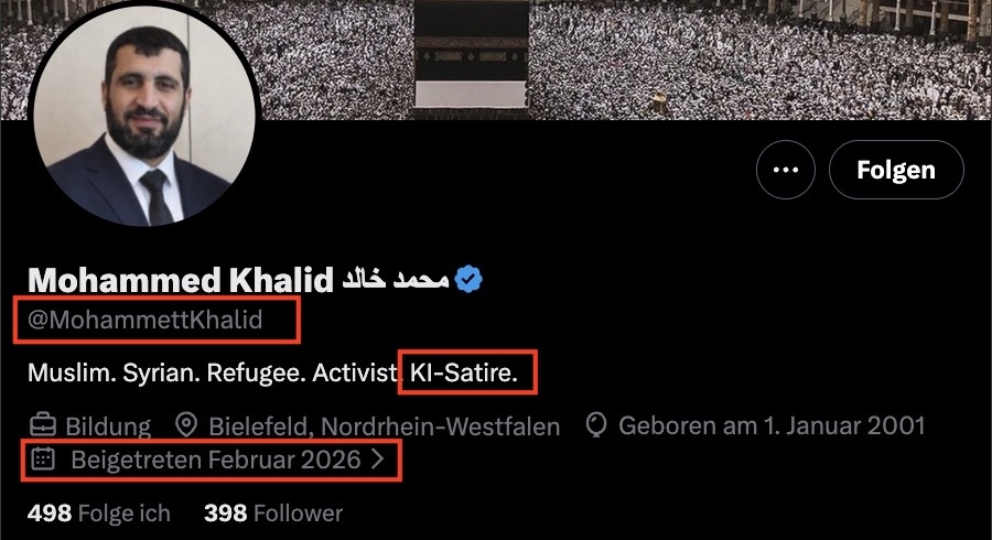 Markierungen zeigen die Stellen, an denen sich erkennen lässt, dass das X-Profil den Beitrag wahrscheinlich nicht ernst meint