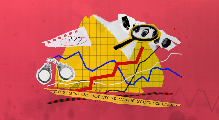 Collage grafischer Elemente zum Thema Polizeiarbeit und Kriminalität