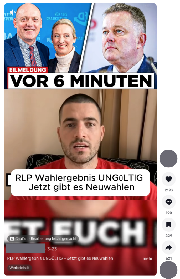 Tiktok-Video mit der Aufschrift "RLP Wahlergebnis ungültig - jetzt gibt es Neuwahlen"