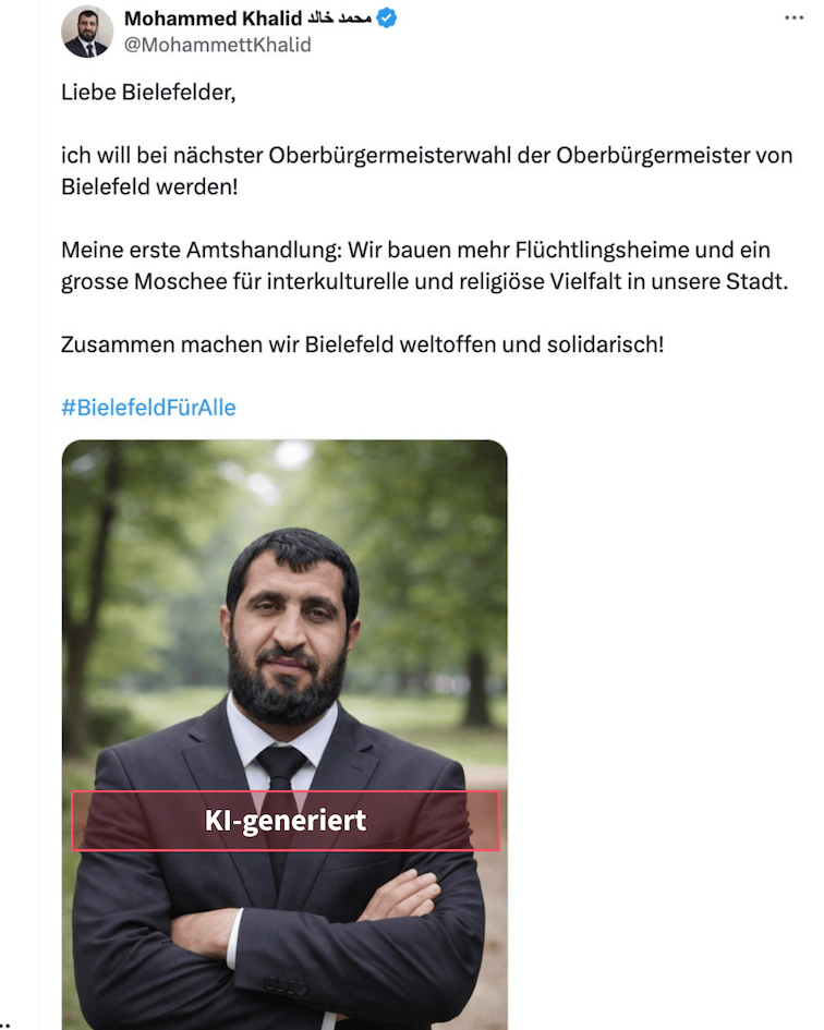 X-Beitrag von Satire-Profil „Mohammed Khalid“ schreibt: „Liebe Bielefelder, ich will bei nächster Oberbürgermeisterwahl der Oberbürgermeister von Bielefeld werden! Meine erste Amtshandlung: Wir bauen mehr Flüchtlingsheime und ein grosse Moschee für interkulturelle und religiöse Vielfalt in unsere Stadt. Zusammen machen wir Bielefeld weltoffen und solidarisch!“