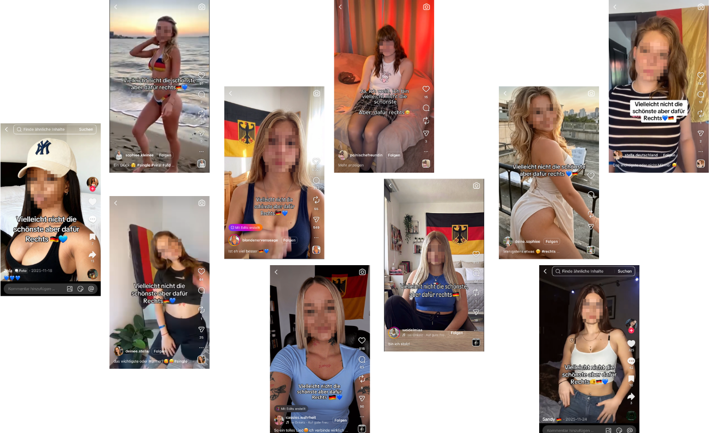 Viele teilen wortgleiche Beiträge – eines von mehreren Merkmalen, das die Profile gemeinsam haben (Quelle: Instagram / Tiktok; Screenshots, Collage, Unkenntlichmachung: CORRECTIV.Faktencheck)