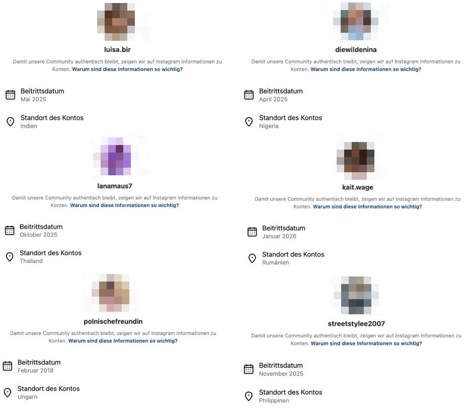 Auf Instagram wird zu manchen Profilen eine Standortangabe gezeigt, von der aus das Profil laut Daten von Instagram betrieben wird (Quelle: Instagram / Tiktok; Screenshots, Collage, Unkenntlichmachung: CORRECTIV.Faktencheck)