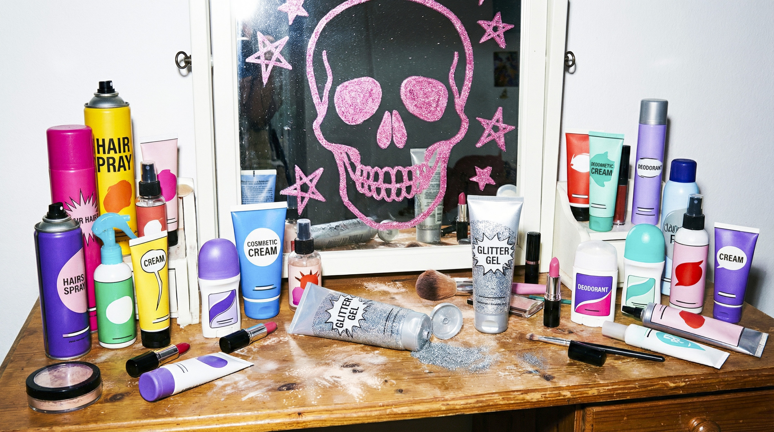 Zu sehen ist ein Schreibtisch mit einem Schminkspiegel. Auf dem Spiegel ist mit pinker Farbe ein Totenkopf gemalt. Auf dem Tisch liegen silberne Tuben, auf denen Glitzergel steht.