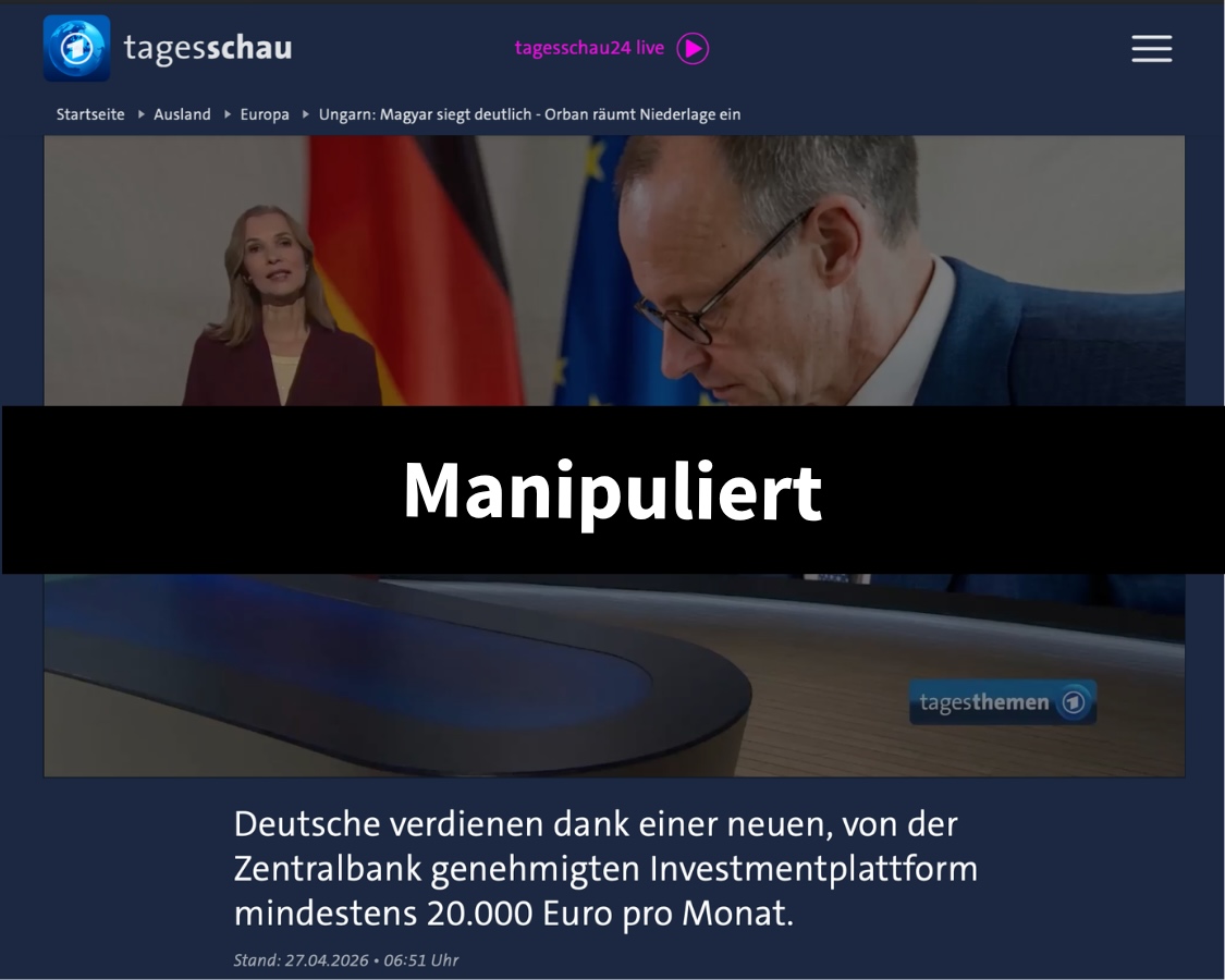 Über den Link in der Tiktok-Werbeanzeige landet man auf einer gefälschten Tagesschau-Webseite (Quelle: ousugid.space; Screenshot und Collage: CORRECTIV.Faktencheck)