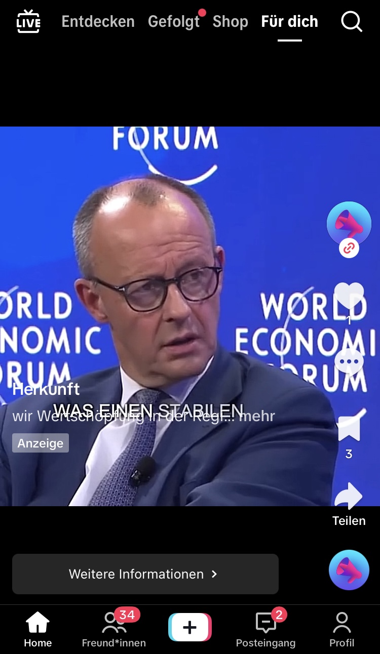 Diese Tiktok-Werbeanzeige enthält ein manipuliertes Video mit Friedrich Merz. Im Originalvideo spricht er, anders als behauptet, nicht von einer Investitionsplattform. (Quelle: Tiktok; Screenshot: CORRECTIV.Faktencheck)