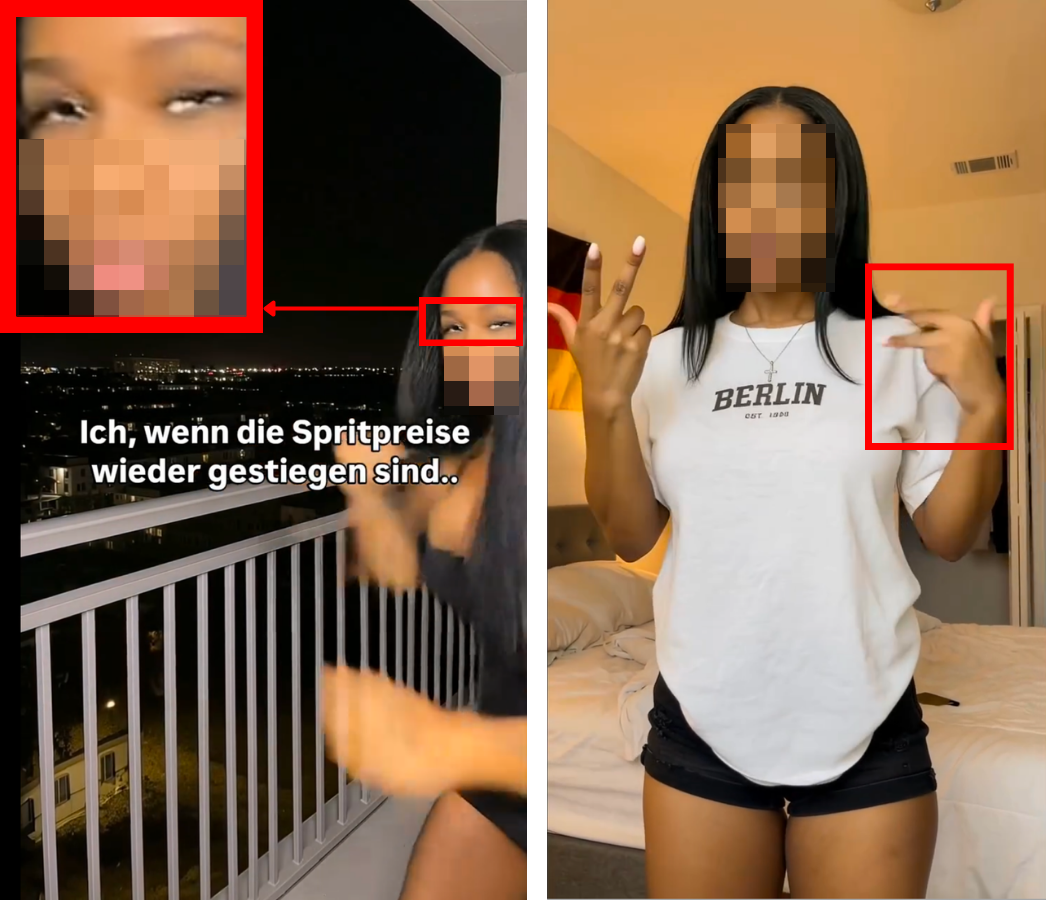 Die verrutschte Pupille am rechten Auge (links) und die verformte Hand (rechts) belegen die Nutzung von KI im Profil von Zola (Quelle: Instagram; Screenshots, Collage, Unkenntlichmachung und Markierungen: CORRECTIV.Faktencheck)