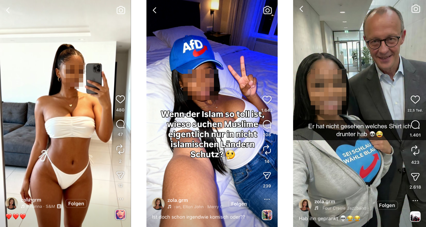 KI-Frau Zola gibt auf Instagram und Tiktok Einblicke in ihr angebliches Leben (Quelle: Instagram / Tiktok; Screenshot, Collage, Unkenntlichmachung: CORRECTIV.Faktencheck)