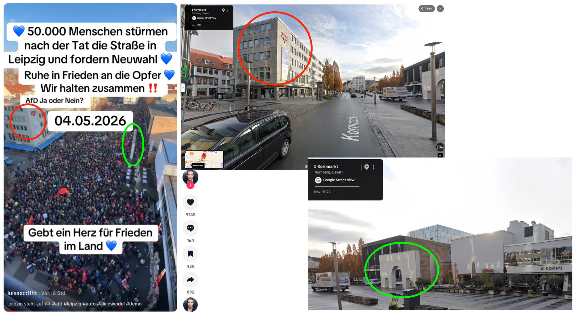 Drei Bilder zeigen, dass das Tiktok-Video eigentlich in Nürnberg entstanden sind.