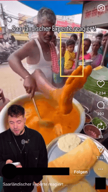 Die Hand des Jungen im Hintergrund verändert sich unnatürlich. Nicht nur daran ist die Erstellung mit Hilfe von Künstlicher Intelligenz erkennbar. (Quelle: Instagram / samirsarkar1720 / marvin.ventura.offiziell; Gif: CORRECTIV.Faktencheck)